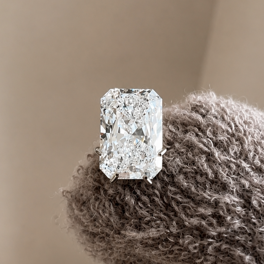 Radiant cut lab-grown diamond in a holder for diaplay