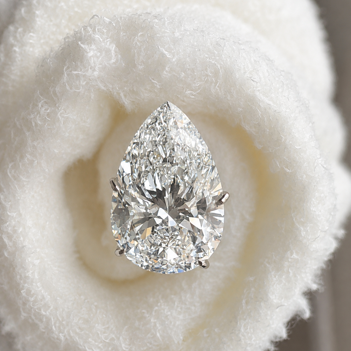 Pear-shaped lab-grown diamond in wrapped cream texture