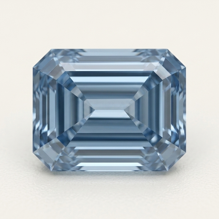 Rectangular blue color emerald diamond on ivory background