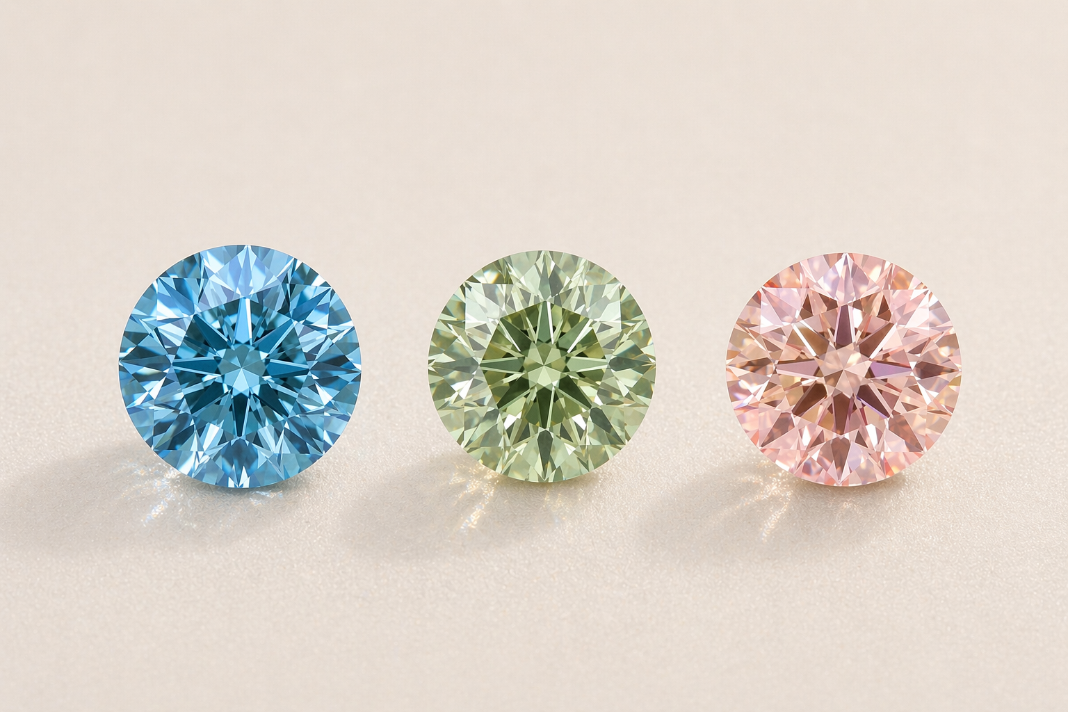 Three round diamonds in blue, green, and pink.