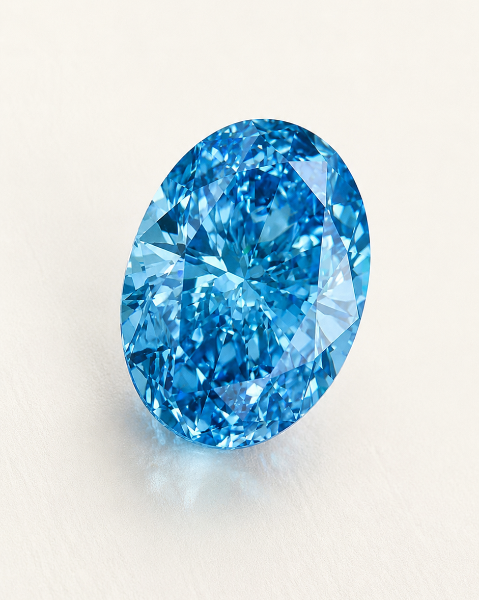 Blue oval diamond on a light ivory background