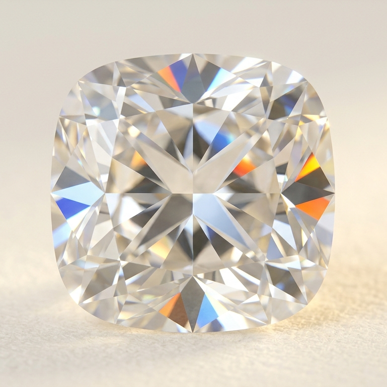 Cushion-cut diamond on soft ivory background
