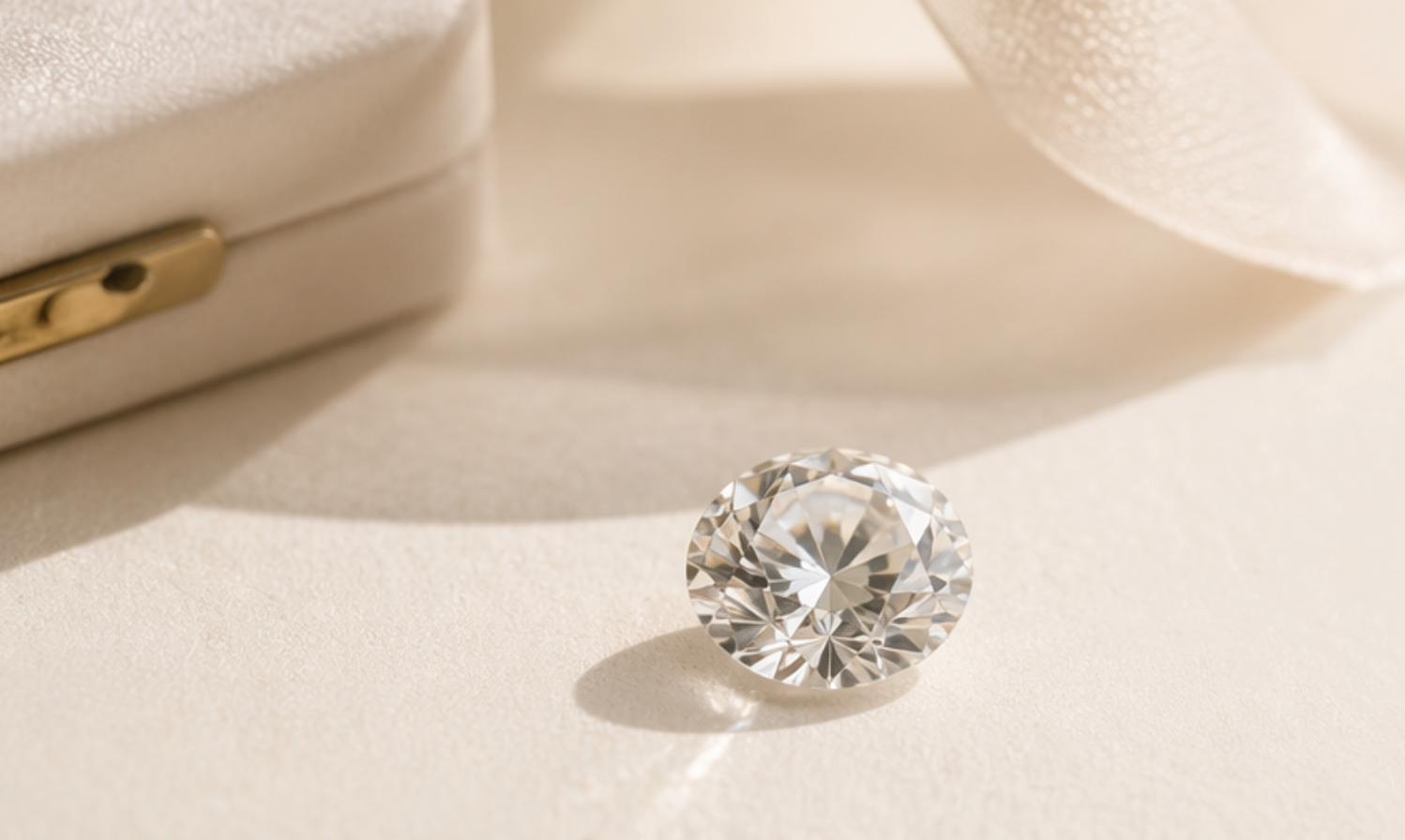 Diamond on a light fabric background with a jewelry box.