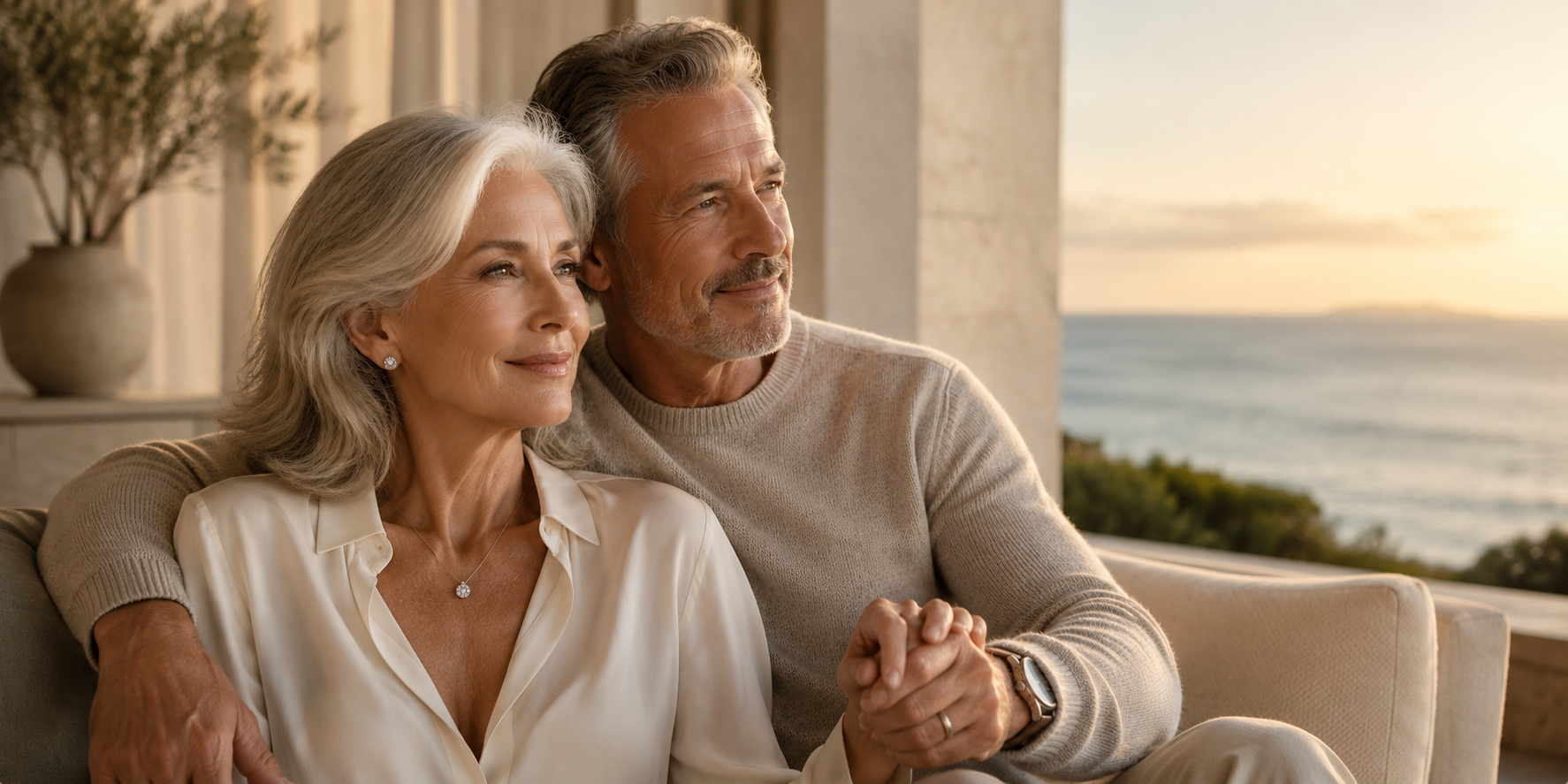 Couple sitting together with a scenic ocean view in the background