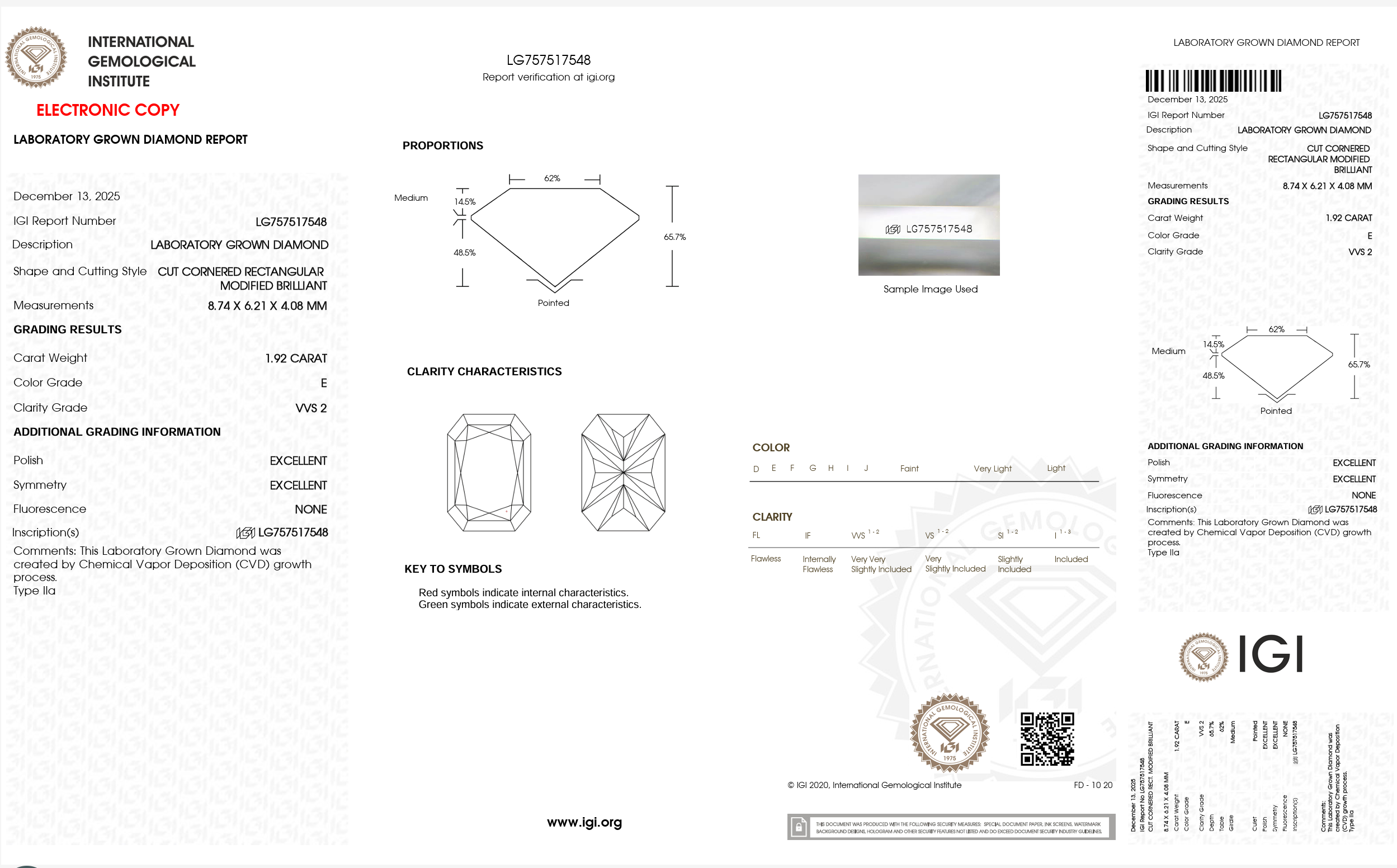 Electronic Copy of IGI Report 1.92 Carat Radiant E VVS2