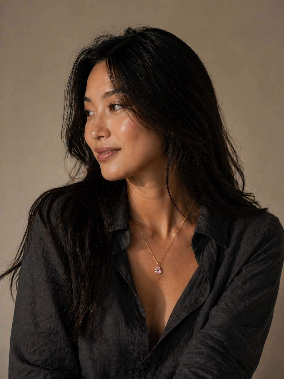 Woman wearing a black shirt against a beige background
