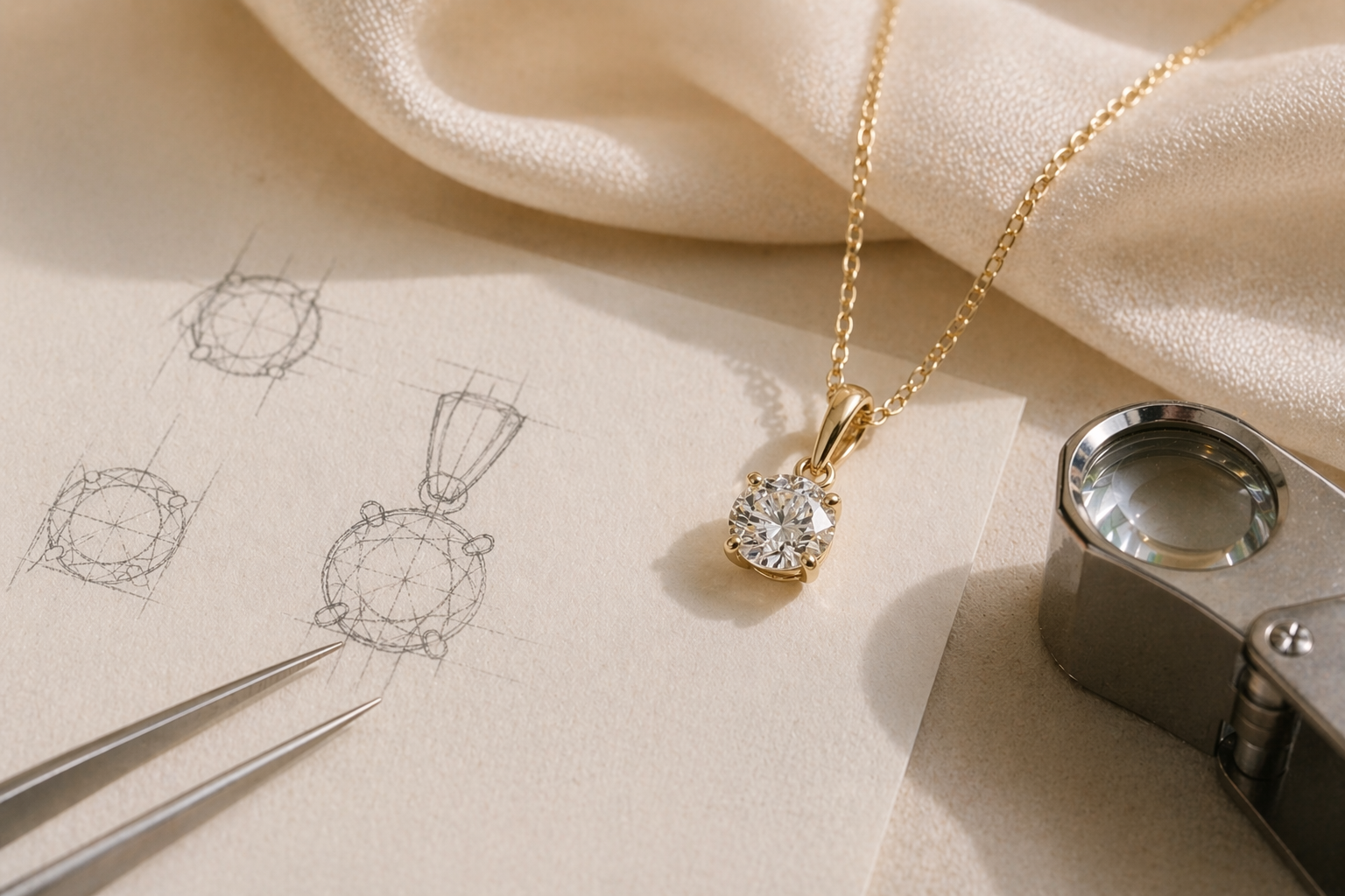 Gold necklace with diamond pendant on a beige fabric background with jewelry tools.