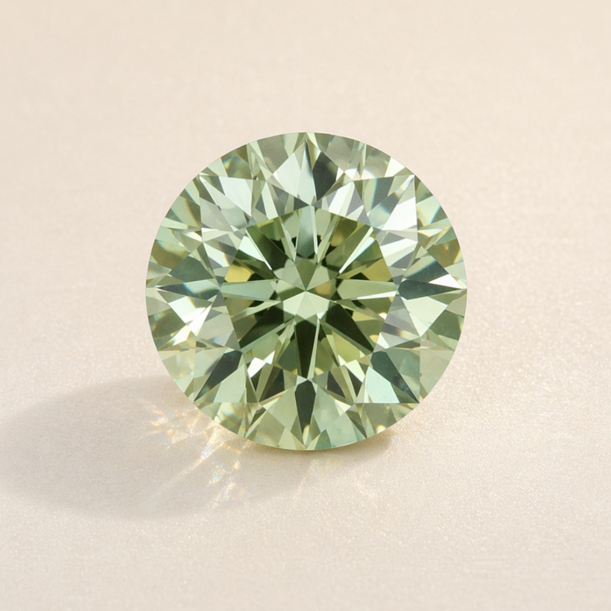 Green colored round diamond on ivory background