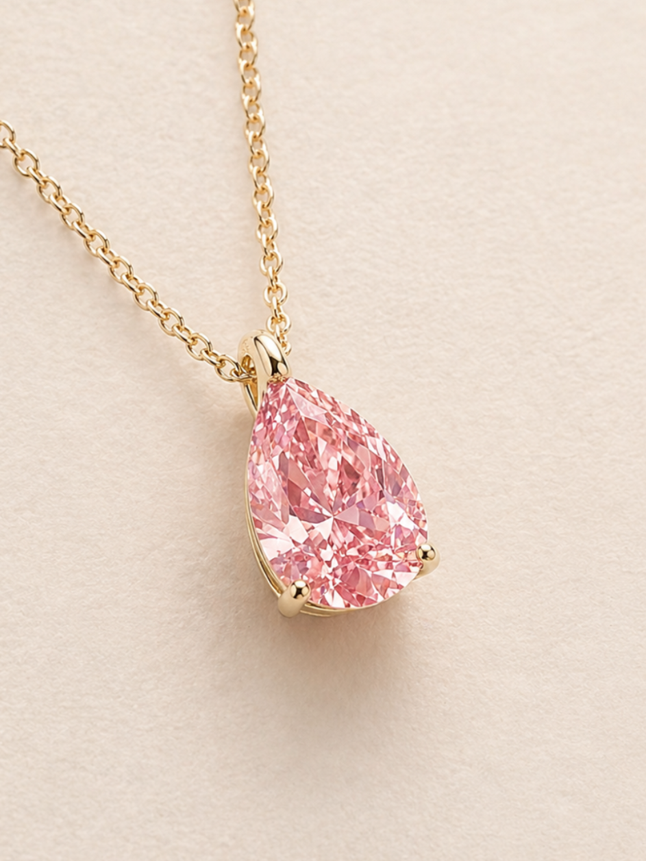 Pink pear diamond pendant on gold chain