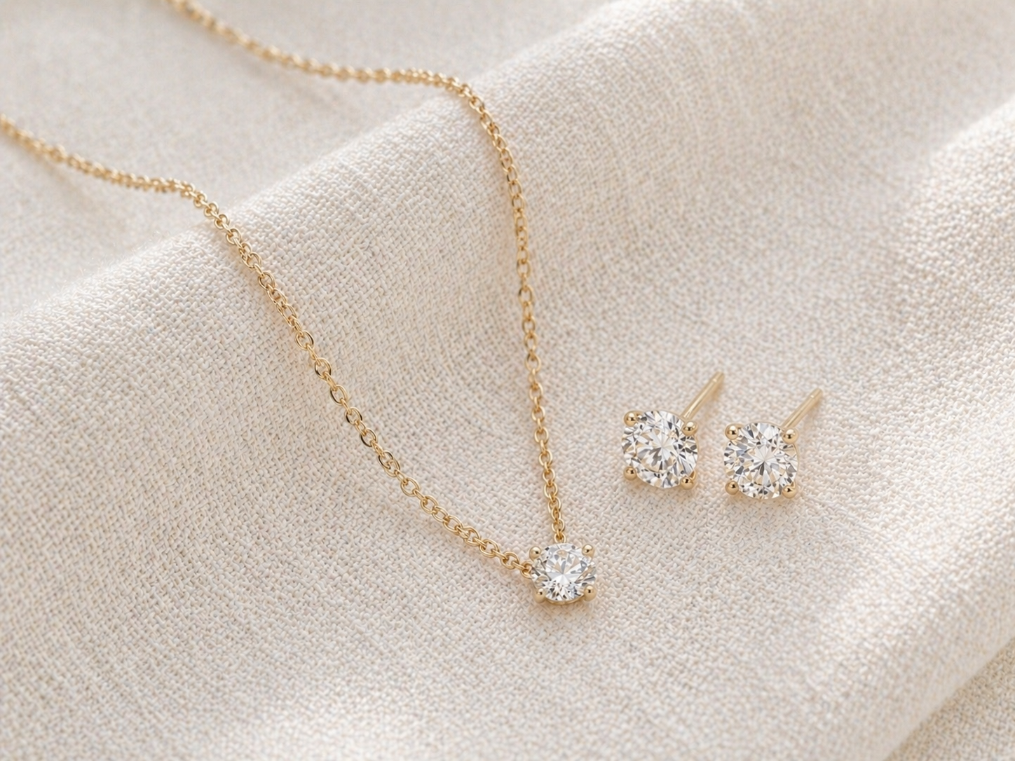 Gold necklace and earrings on a soft beige fabric background