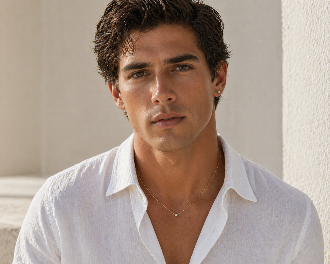 Man wearing a white shirt with a neutral background