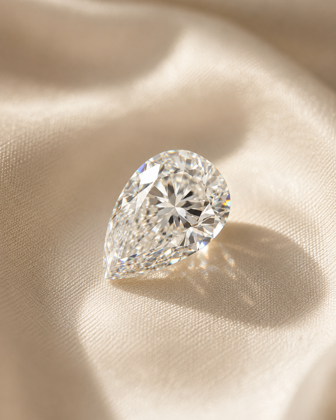 Pear-shaped diamond on a beige fabric background