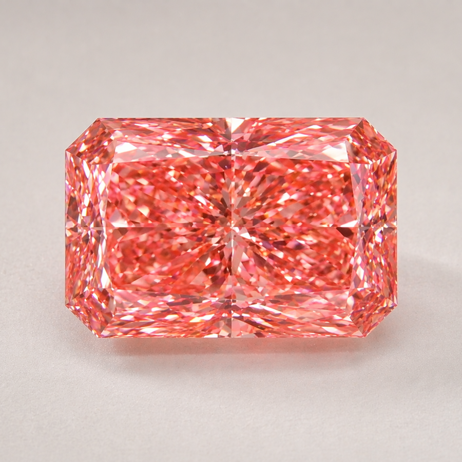 Pink radiant cut diamond on soft ivory background