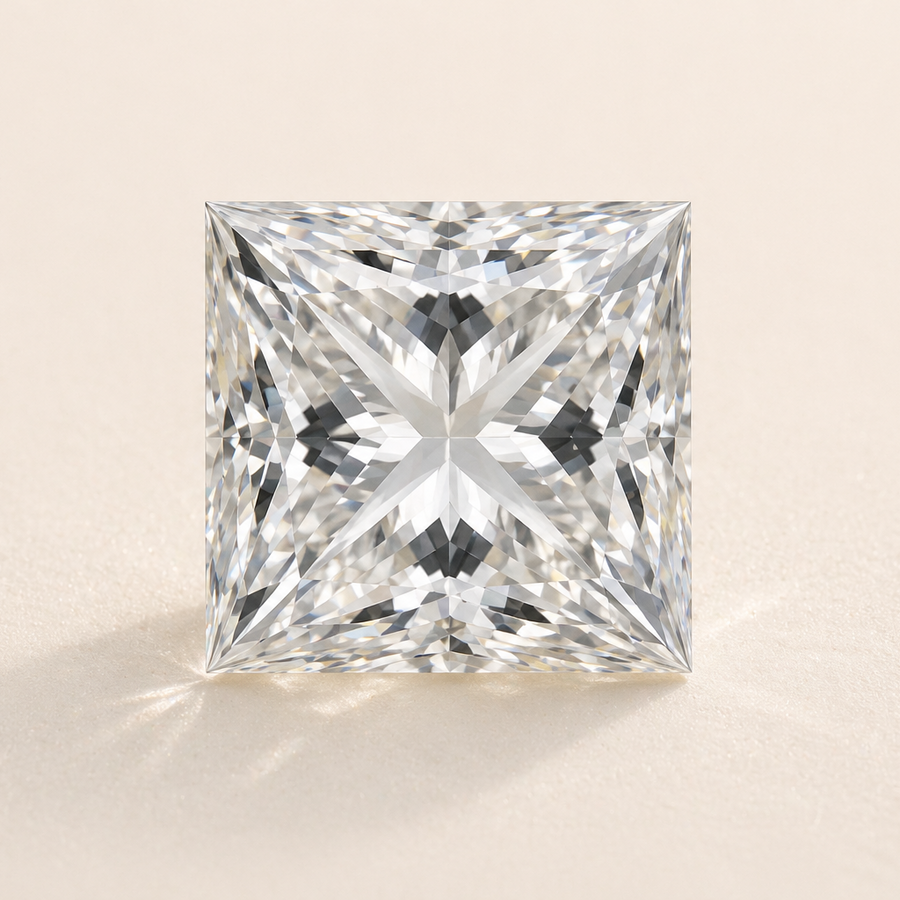 Square-cut diamond on a beige background