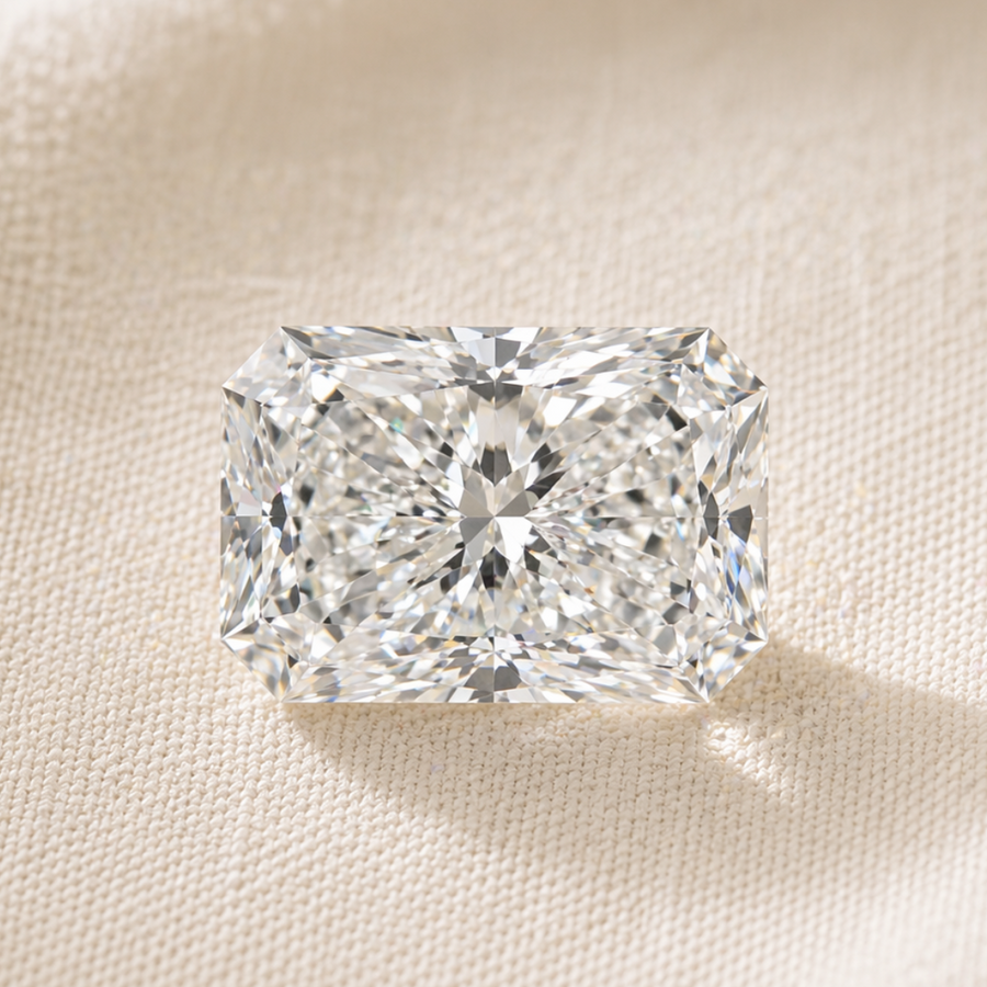 Radiant cut diamond on a beige fabric background