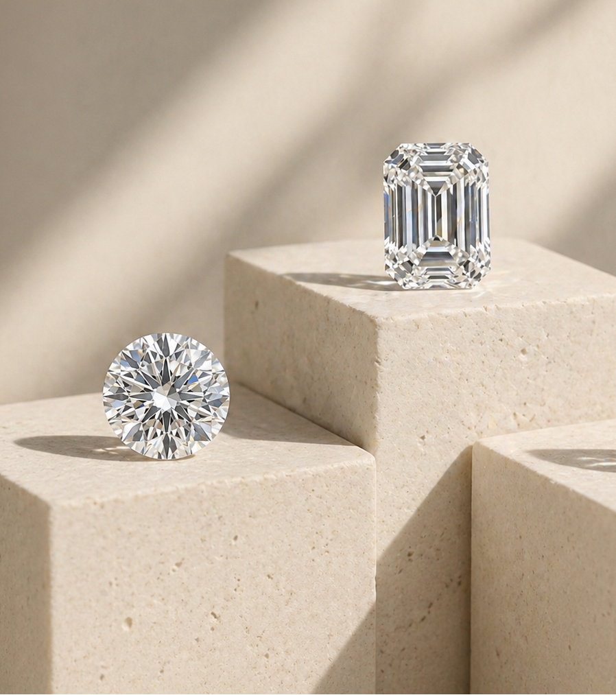 Round and emerald diamonds on stone